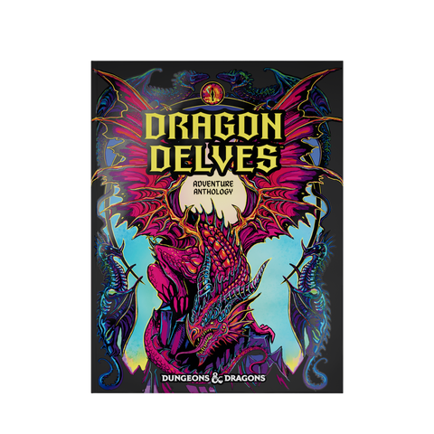 Book cover of 'Dragon Delves' with a colorful dragon illustration on a black background