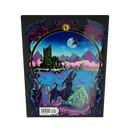 Fantasy-themed product packaging with dragons and a castle on a black background