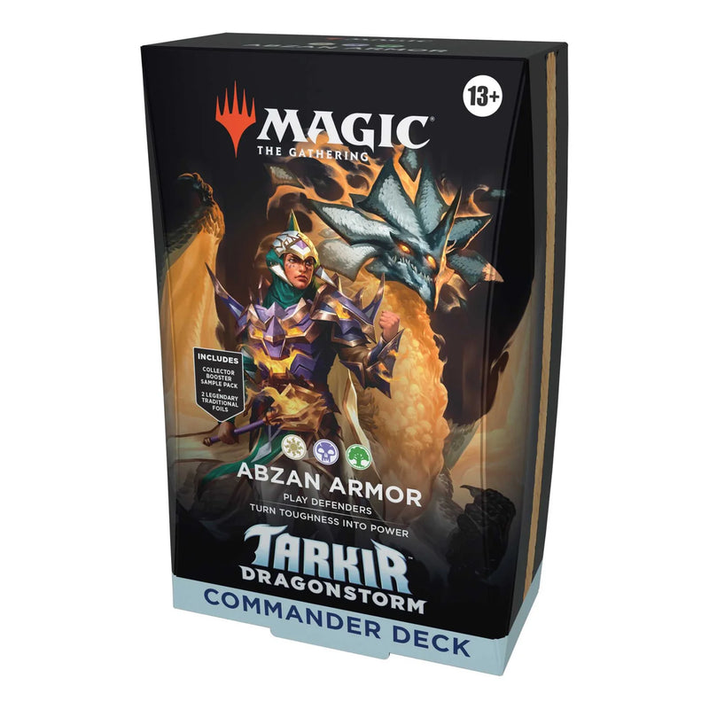Card game box for 'Magic: The Gathering' featuring an warrior and dragon illustration on a white background.