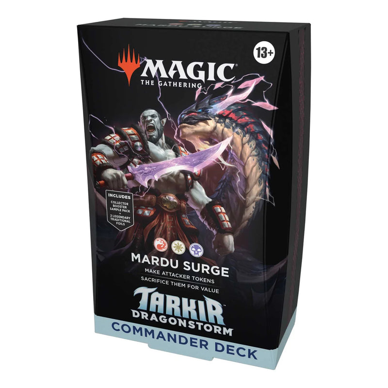 Card game box for 'Mardu Surge' from 'Magic: The Gathering' with artwork of characters on a black background.