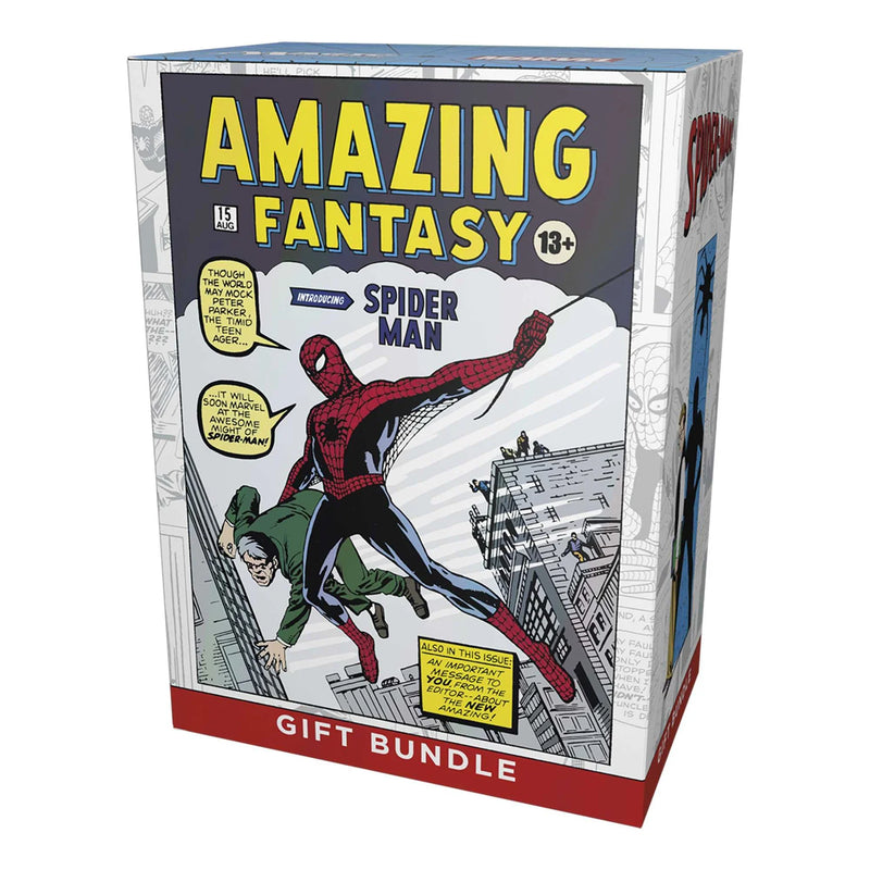 Spider-Man gift bundle packaging with comic book cover design.
