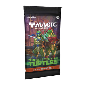 Trading card game booster pack featuring Teenage Mutant Ninja Turtles and Magic: The Gathering branding.