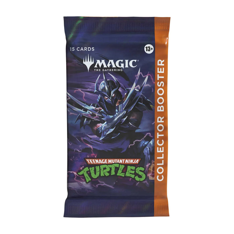 Trading card game booster pack featuring Teenage Mutant Ninja Turtles and Magic: The Gathering branding.