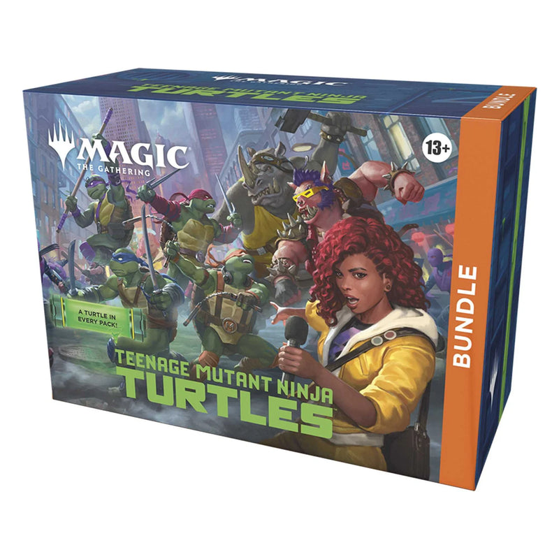 Box for 'Magic: The Gathering' featuring Teenage Mutant Ninja Turtles and a character with red hair.