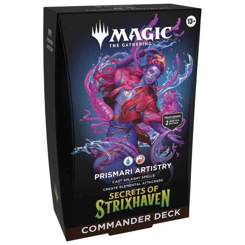 Card game box for 'Secrets of Strixhaven' Commander Deck with artwork on a white background