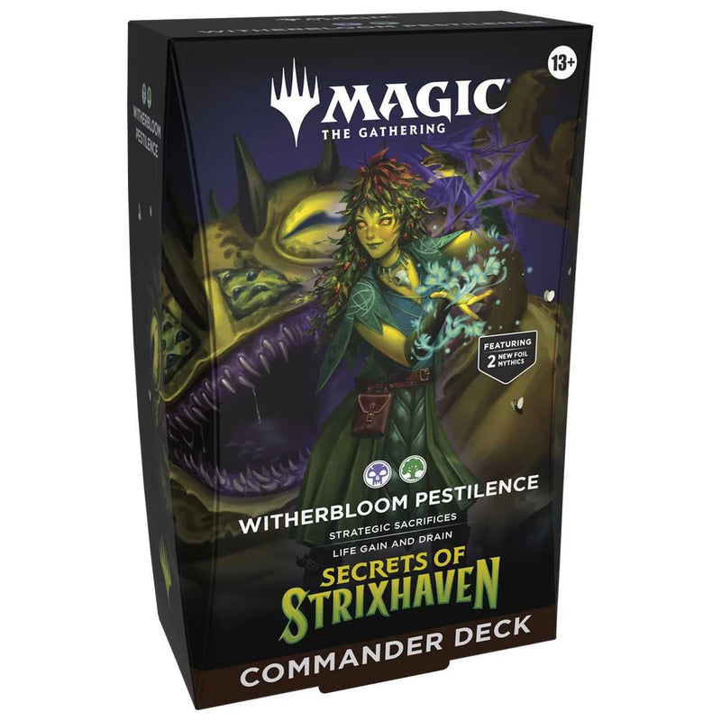 MAGIC: THE GATHERING Secrets of Strixhaven Commander Deck packaging with character illustration on a white background