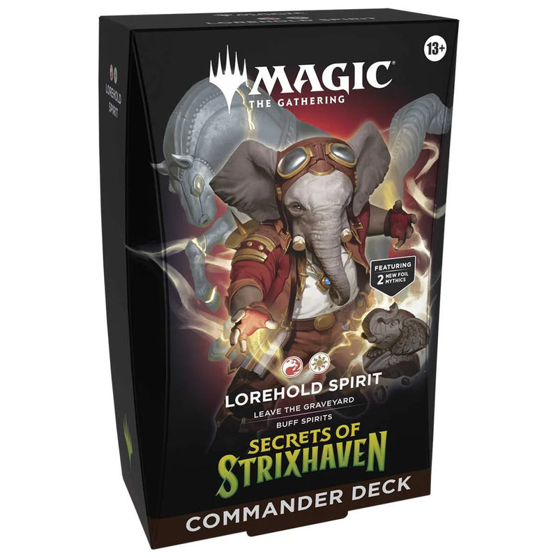 Card game box for 'Secrets of Strixhaven' featuring a character with an elephant-like creature.