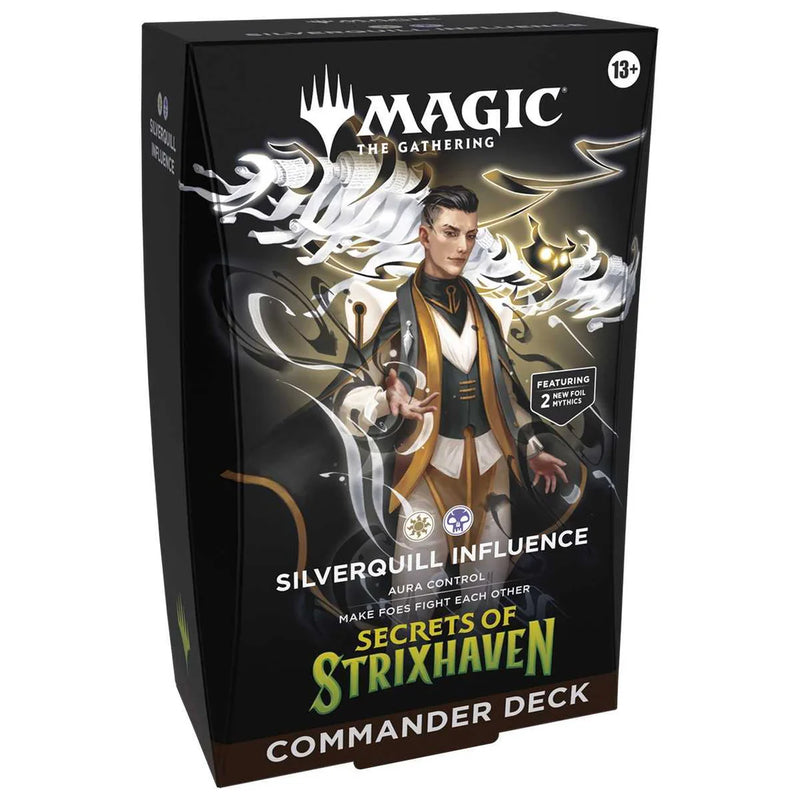 Card game box for 'Secrets of Strixhaven' Commander Deck featuring a character and 'Magic: The Gathering' logo.