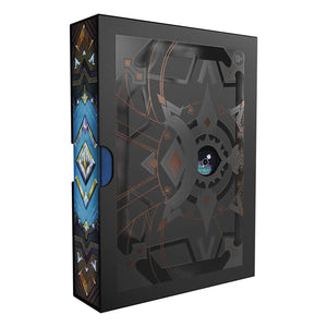 Decorative box with intricate patterns and a blue gemstone on a white background