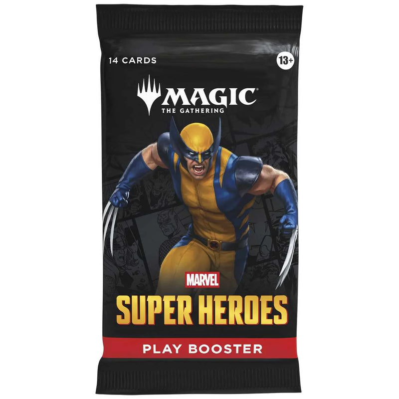 Card booster pack featuring a superhero character with 'Magic: The Gathering' and 'Marvel' branding.