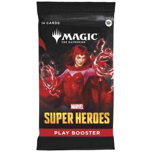 Play booster pack for 'Magic: The Gathering' featuring Marvel Super Heroes on a white background.