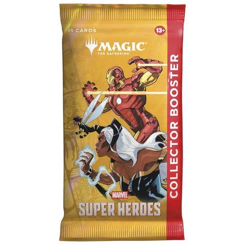 Collectible card game booster pack featuring Marvel Super Heroes on a yellow and red background.