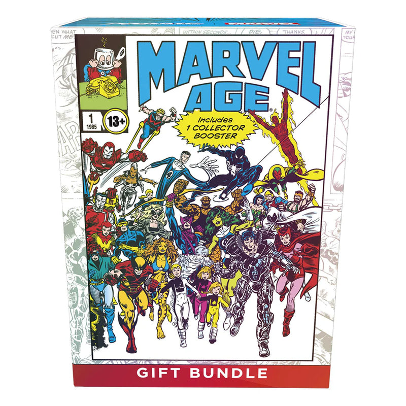 Marvel Age gift bundle packaging with superhero characters on a white background