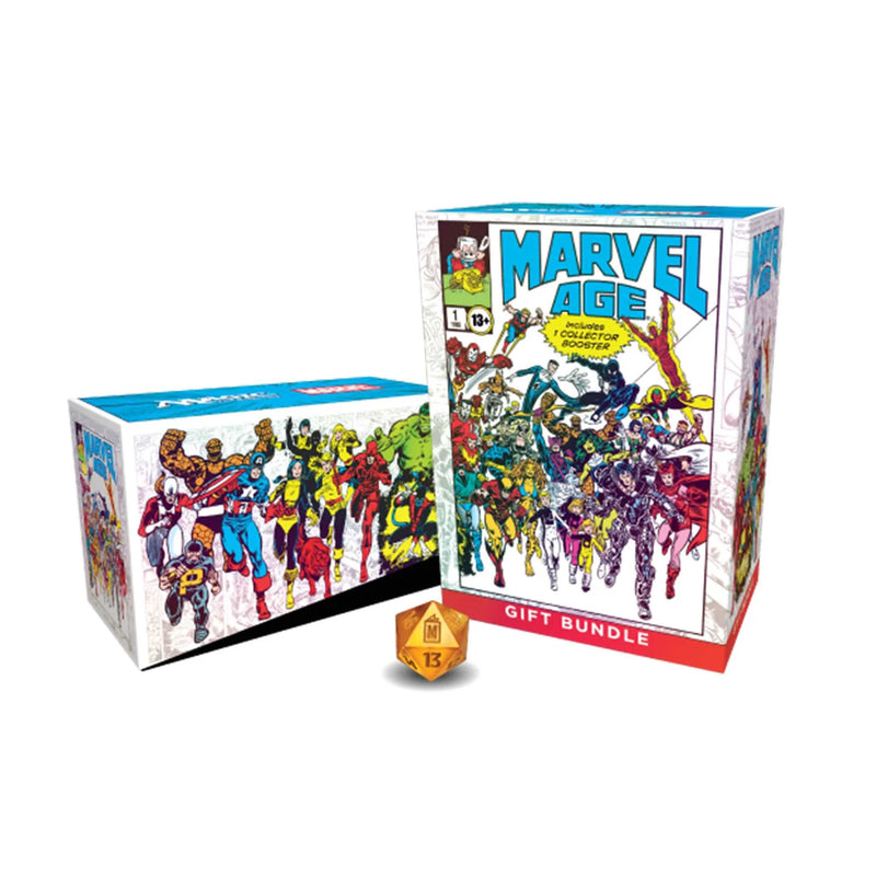 Marvel Age gift bundle packaging with superhero illustrations on a white background