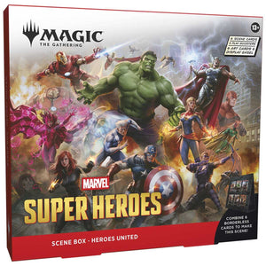 Marvel Super Heroes scene box featuring various superhero characters on a colorful background.