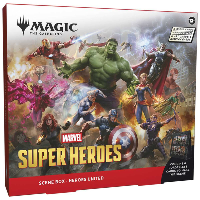 Marvel Super Heroes scene box featuring various superhero characters on a colorful background.