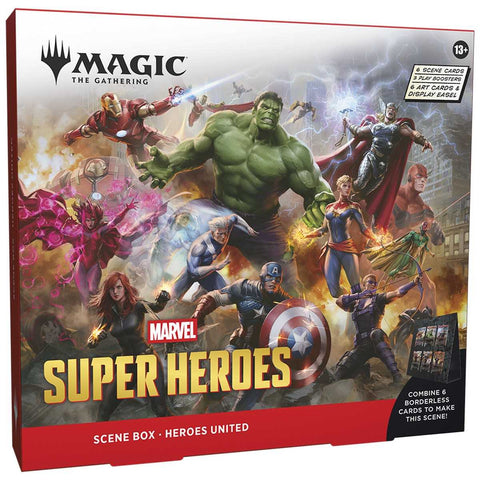 Marvel Super Heroes scene box featuring various superhero characters on a colorful background.