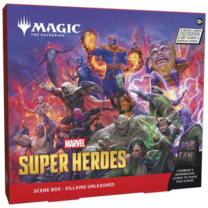 Box for 'Magic: The Gathering' featuring Marvel Super Heroes with villains on a colorful background.
