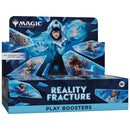 Magic: The Gathering Reality Fracture Play Boosters display box filled with trading cards, featuring blue and black artwork with character illustrations and the Magic logo.
