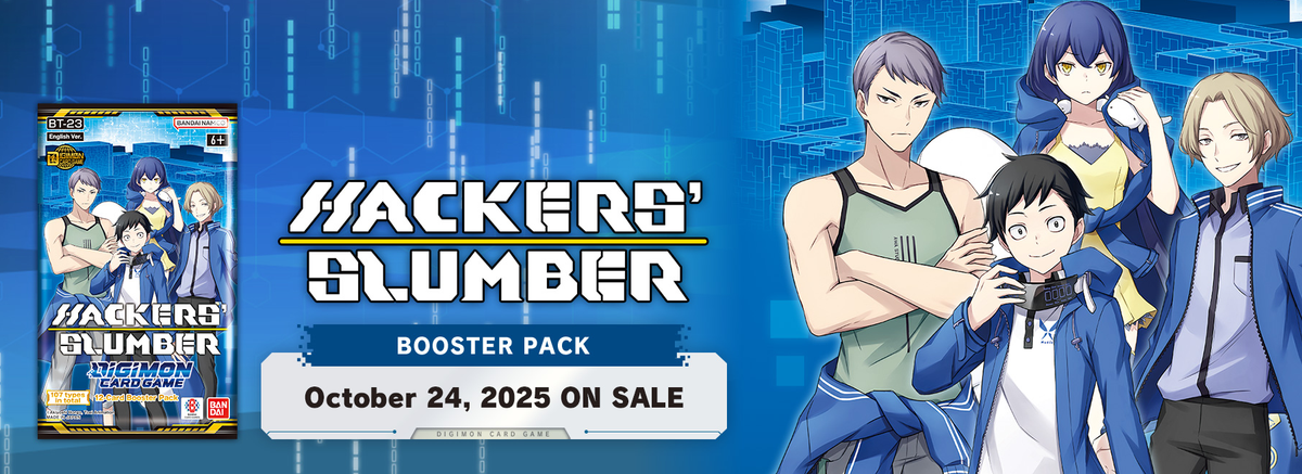 Promotional banner for 'Hackers' Slumber' booster pack with characters and release date on a blue background.