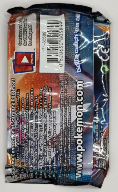 Pokemon Cosmic Eclipse Trading Card booster pack packaging.
