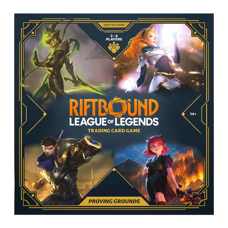 Riftbound League of Legends trading card game packaging with character images on a blue background