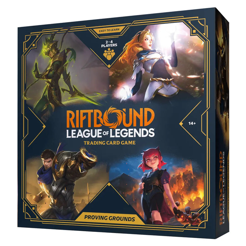 Riftbound League of Legends trading card game box with character illustrations on a blue background