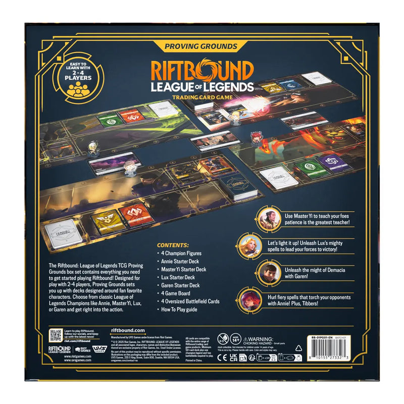 Riftbound League of Legends trading card game packaging with game board and cards on a dark blue background.
