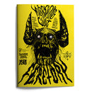 Book cover with black illustration of a skull and horns on a yellow background