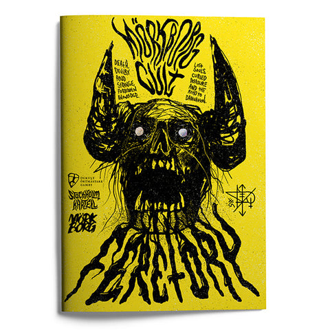 Book cover with black illustration of a skull and horns on a yellow background