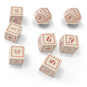 Set of wooden dice with red numbers on a white background
