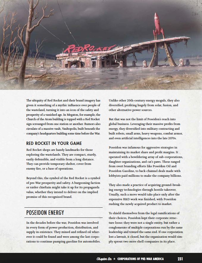Desolate landscape with a large red rocket and 'Red Rocket' sign, text about Red Rocket and Poseidon Energy.