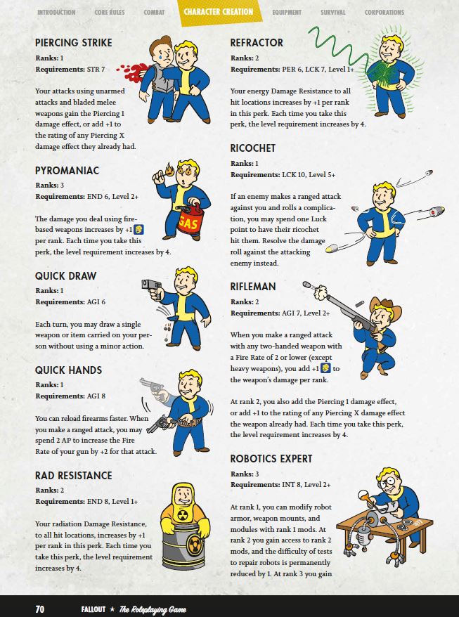 Character creation screen from 'Fallout' with various perks and their descriptions.