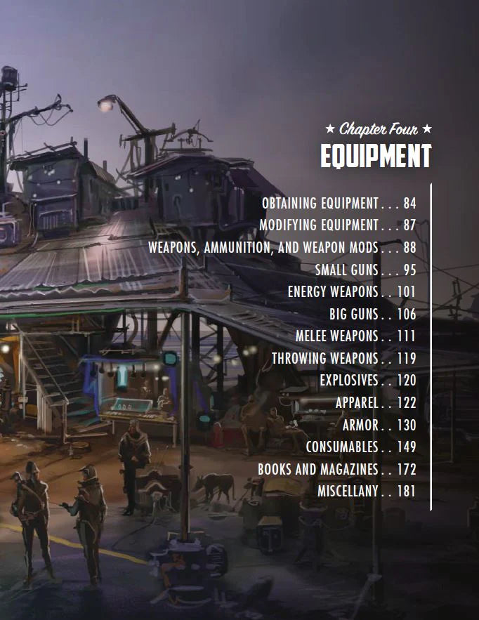 Menu or guide page titled 'Equipment' with a desert outpost scene in the background.