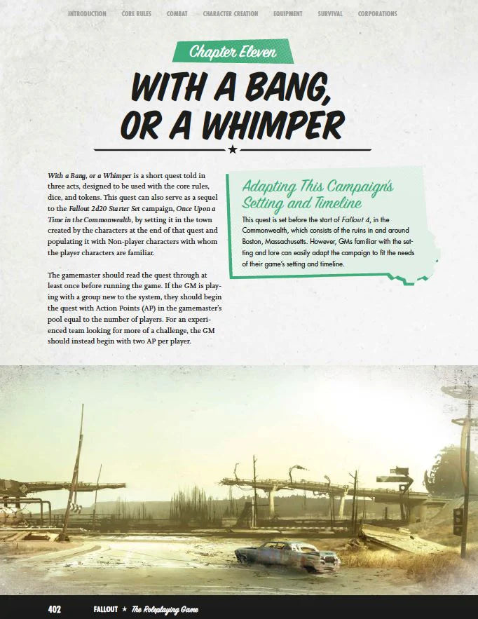 Gamebook page titled 'With a Bang, or a Whimper' with text and a game setting illustration.
