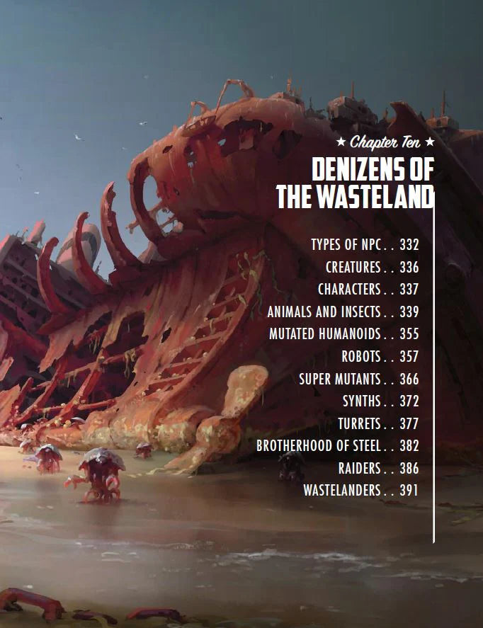 Illustration of a large, menacing creature in a wasteland with text about game elements.