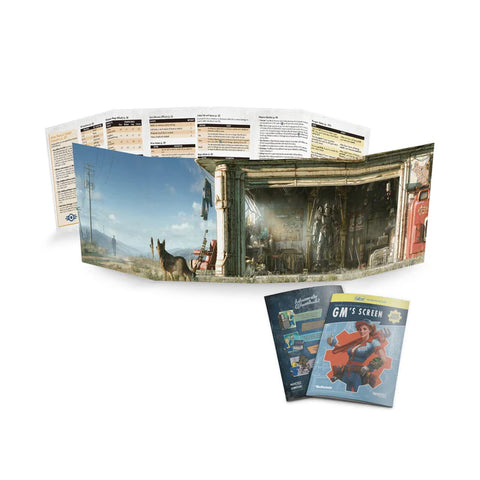 Fallout The Roleplaying Game GM Screen and booklet packaging.