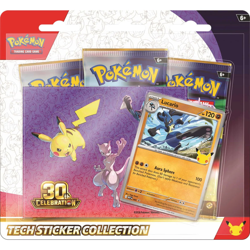 Pokémon TCG 30th Celebration Lucario Tech Sticker Collection packaging featuring Lucario artwork.