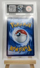 Trading card in a protective case on a wooden stand