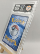 Pokémon trading card in a clear protective case on a white background