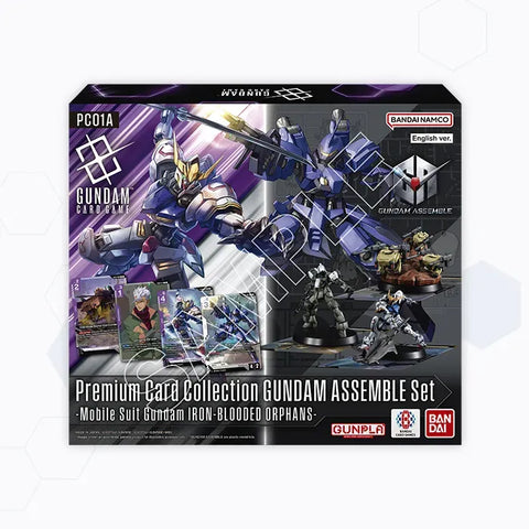 Gundam assemble set packaging with model kit and cards on a white background
