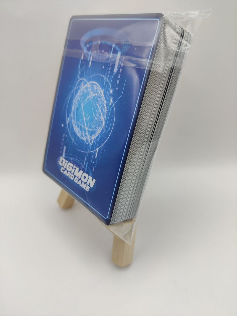 Pokémon card game packaging on a stand with a white background
