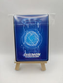 Digimon card game card on a stand with a white background