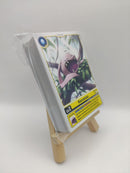 Digimon trading card deck on a small wooden stand with a white background