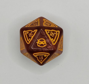 A 20-sided spindown dice for Magic: The Gathering with a Teenage Mutant Ninja Turtles pizza motif.