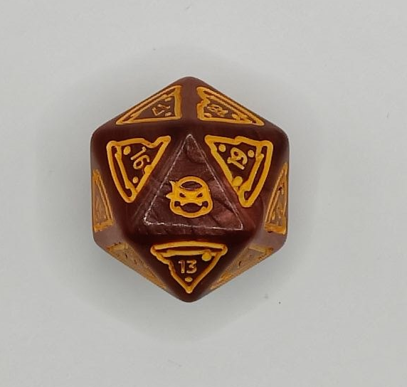 A 20-sided spindown dice for Magic: The Gathering with a Teenage Mutant Ninja Turtles pizza motif.