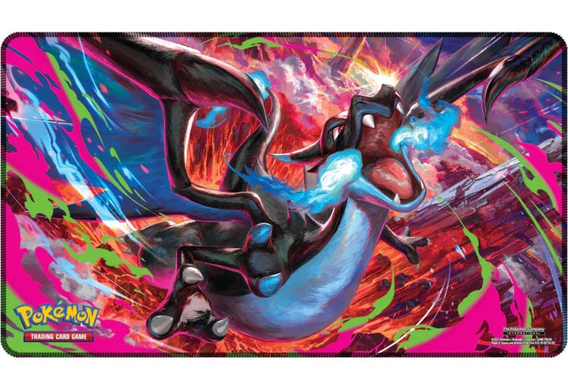 Pokémon Trading Card Game playmat featuring a dynamic illustration of Charizard with blue energy, set against a colorful abstract background with pink, blue, green, and orange splashes. The official Pokémon logo is visible in the bottom-left corner.