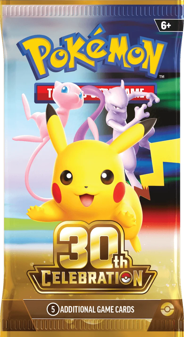 Pokémon TCG 30th Celebration Booster Pack packaging featuring anniversary artwork.