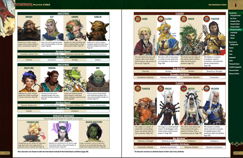 Character selection screen from a fantasy game with various classes and races.