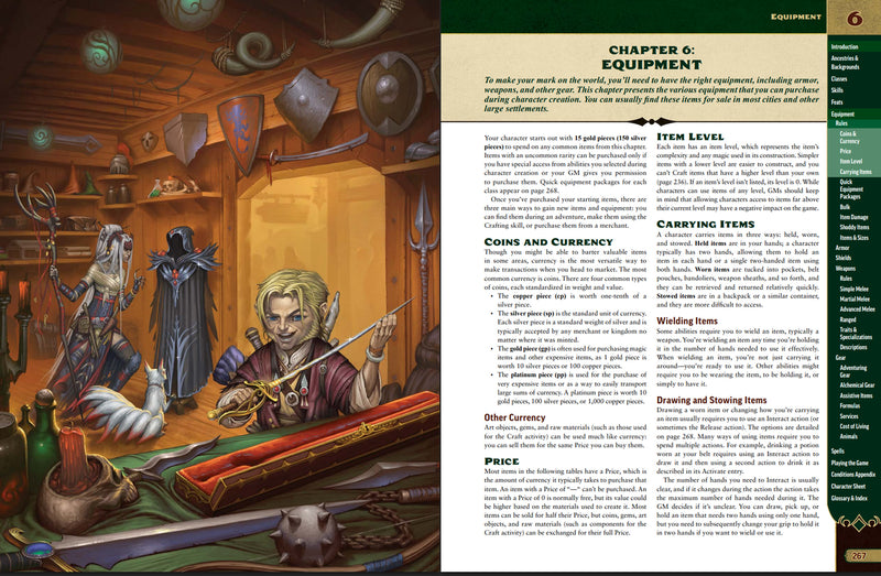Open book showing a character with equipment and a sidebar with text on item levels and carrying items.